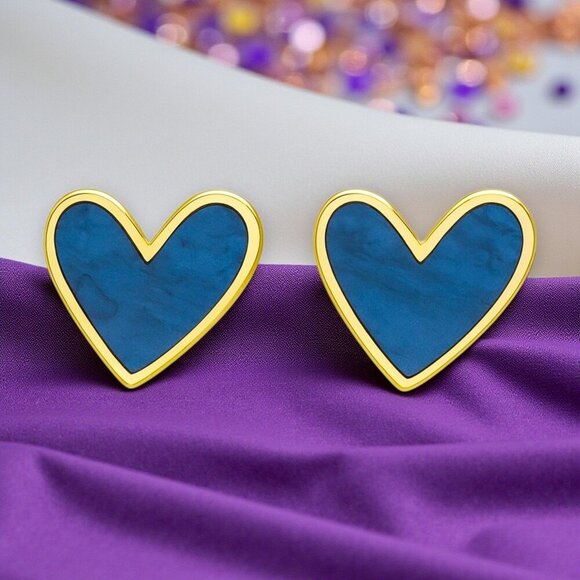 🆕 Royal Blue Enamel Heart Stud Earrings Gold Tone Statement Cute Gift Teen Girl - Picture 6 of 12